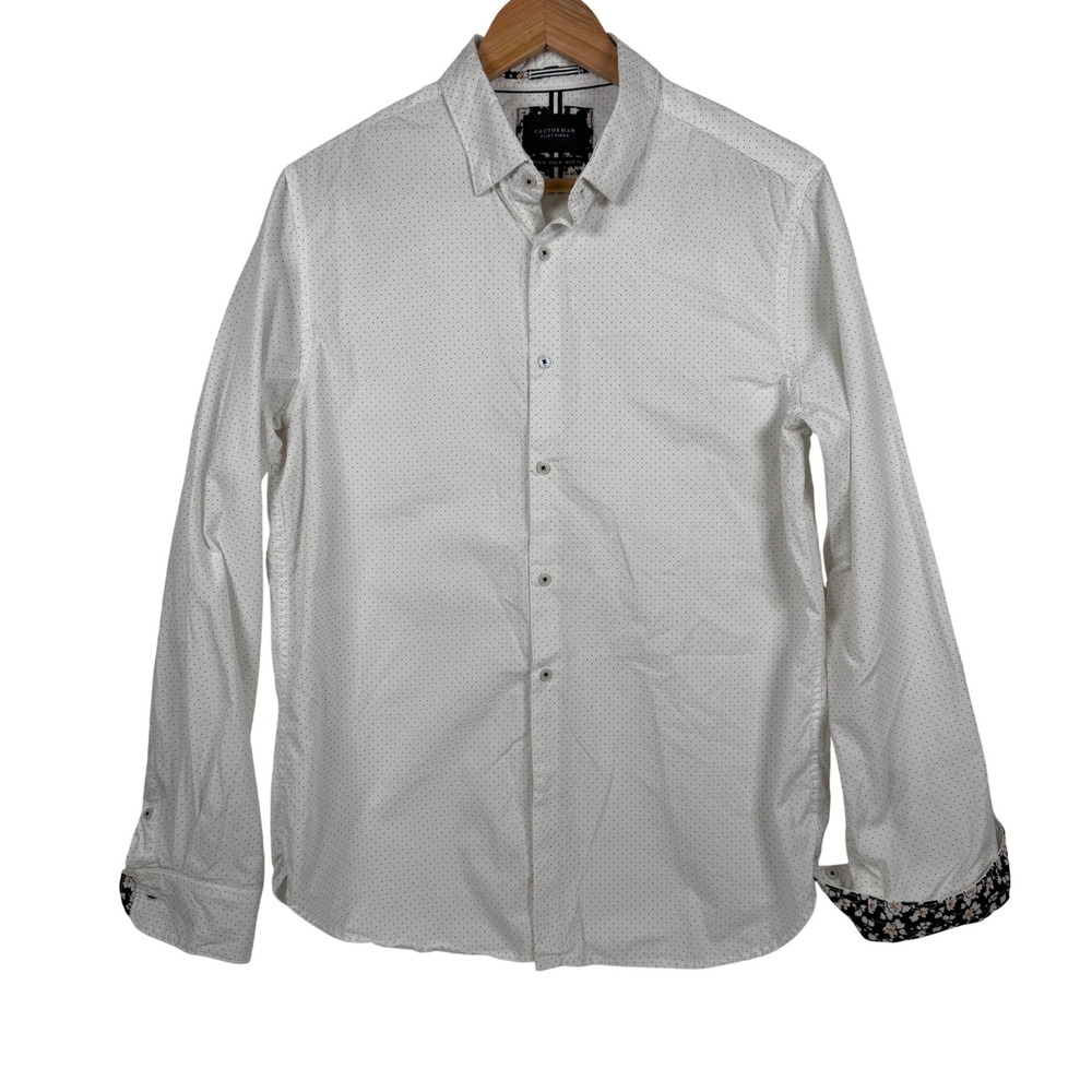 Cactus Man Button Down‎ Mens Medium White Polka Dot Floral Trim Cotton Shirt